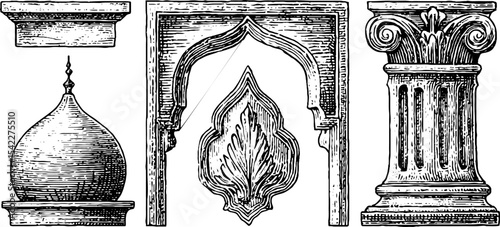 Architectural elements from egyptian temples and baroque stucco designs