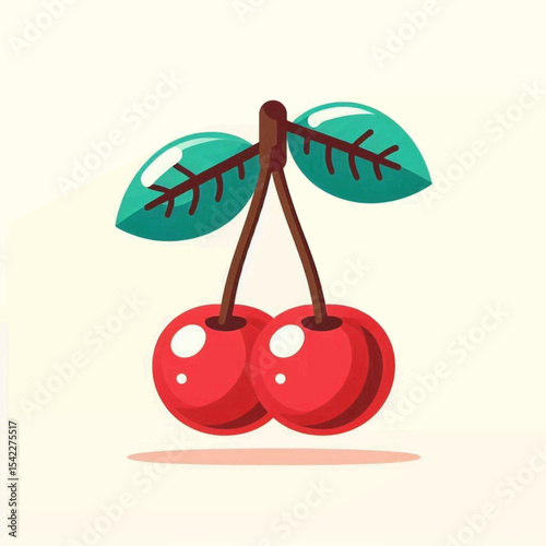 Two bright red cherries hang from a brown stem with green leaves