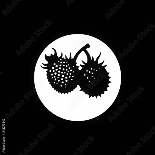 Two black berries on a stem with white dots set against a white circle on a black background