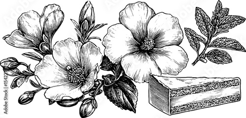 Elderflower sorbet and hibiscus tart with botanical illustrations for culinary designs