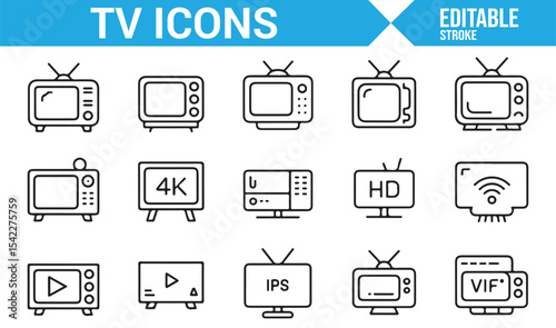 Set of Clean TV Icons Including Remote, WiFi, 4K, and HD Display