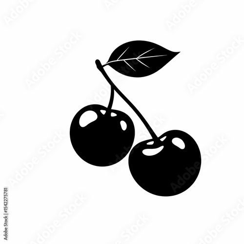 Two cherries are attached with a leaf