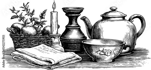 Rustic kitchen still life with enameled tea kettle and pewter tankard