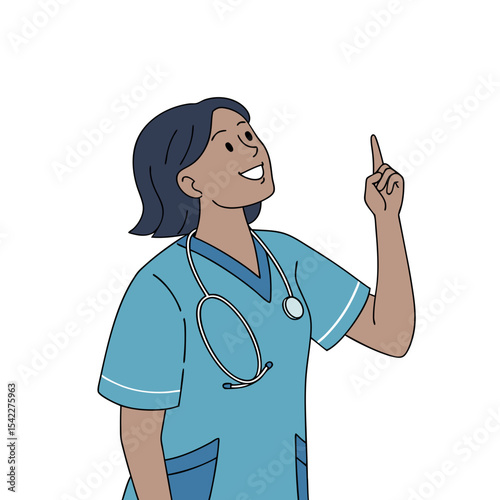 Enthusiastic Nurse Points Upward, Showing Excitement and Inspiration