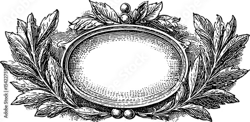 Vintage engraved laurel cartouche with intricate inked frame design for decorative use