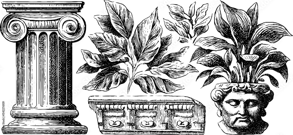 Fototapeta premium Historical artwork of engraved pillar fragment and stylized foliage for design use