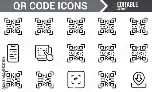 Set of Clean Icons for QR Codes, Scanning, and Digital Applications