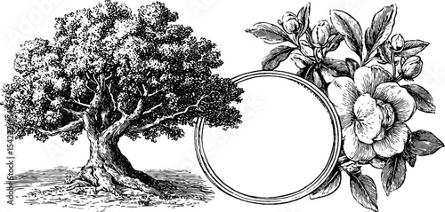 Engraved rune board with curled tree branch and floral design for mystical art