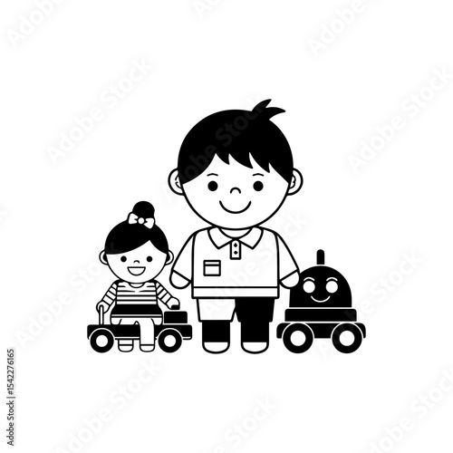 Two children one in a toy car stand next to a boy and a toy robot