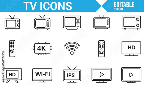 Collection of Television Icons: 4K, HD, WiFi, and Remote Control Designs