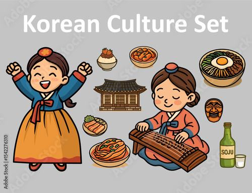 Cute Korean culture vector set featuring girls in hanbok, traditional food, gayageum, hanok house, mask, and soju. Perfect for education, decoration, festivals, and cultural designs