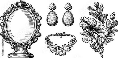Antique jewelry and floral design featuring etruscan earrings and louis xvi mirror