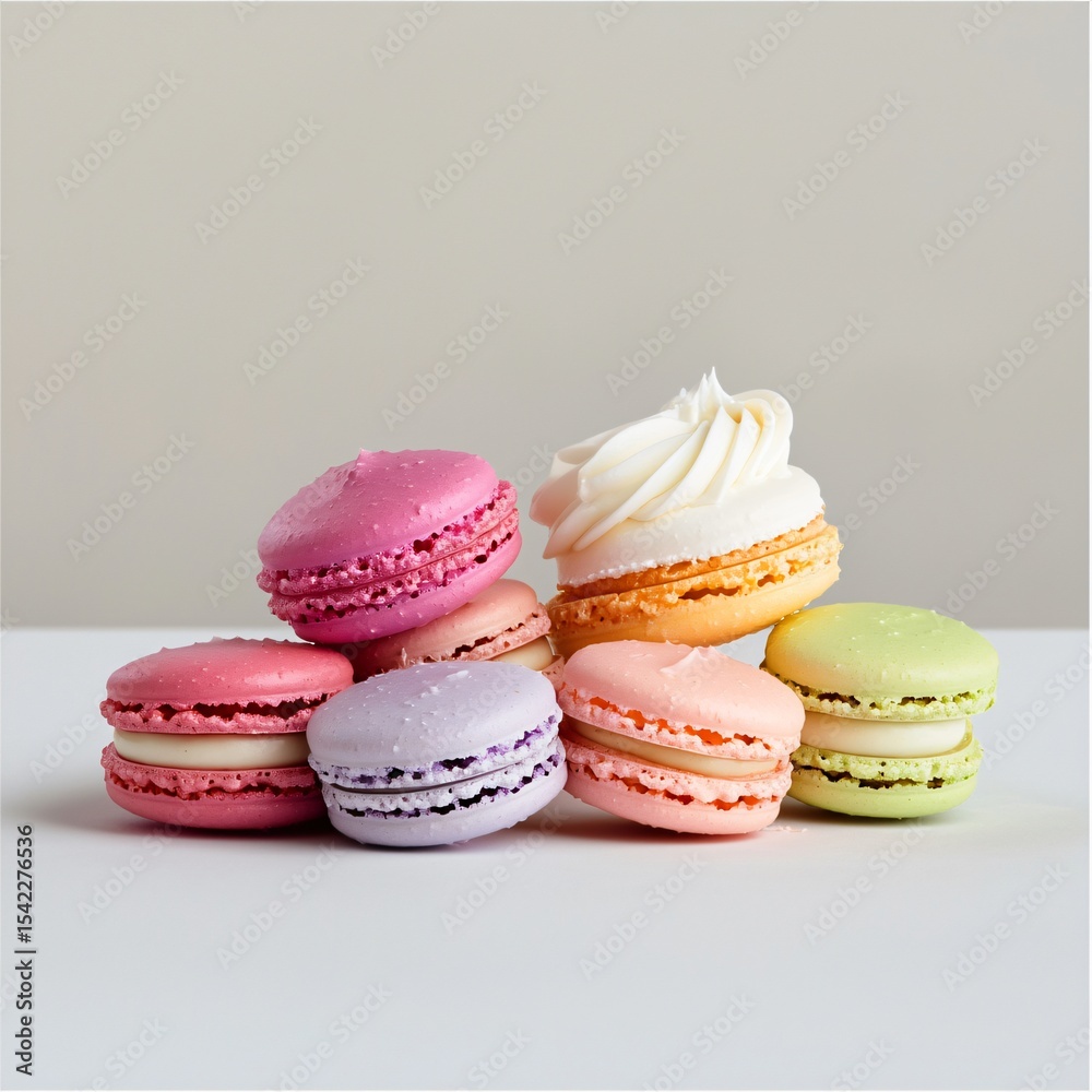 Obraz premium Delightful macaron display local bakery promotional flyer colorful setting aesthetic view sweet treats concept for eye-catching branding
