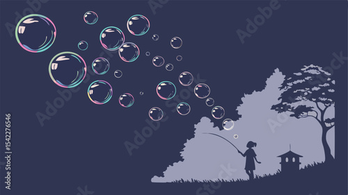 Silhouette of a girl blowing bubbles in a landscape with a house and tree on a dark blue background