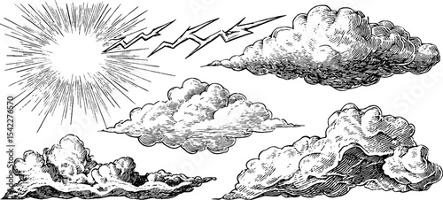 Vintage engraved clouds and sunburst with lightning for design and decoration