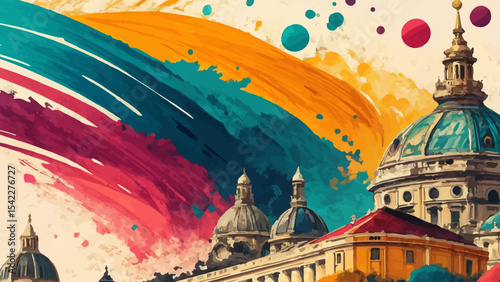 Colorful artistic watercolor rendering of dresden churches