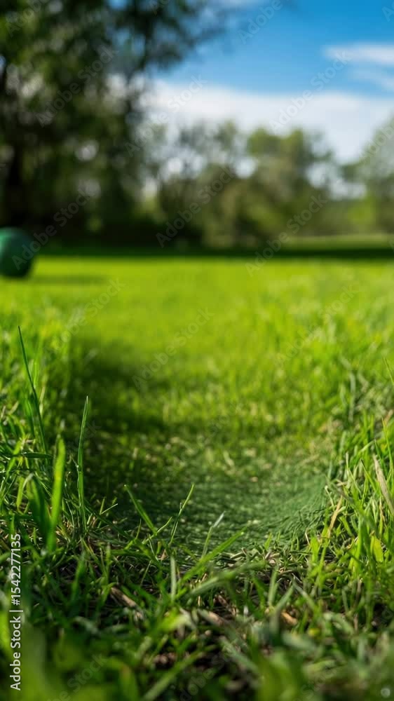 A green ball sits atop a vibrant green field, ready for play or adventure