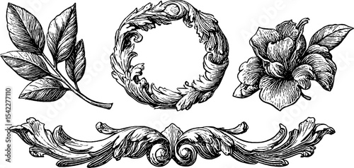 Ornamental design elements featuring florentine acanthus frames and decorative motifs