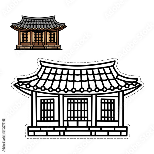 Cute Korean culture vector set featuring girls in hanbok, traditional food, gayageum, hanok house, mask, and soju. Perfect for education, decoration, festivals, and cultural designs