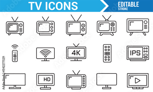 Line Art Icons Representing TVs and Entertainment: 4K, HD, Remote, and WiFi Symbols