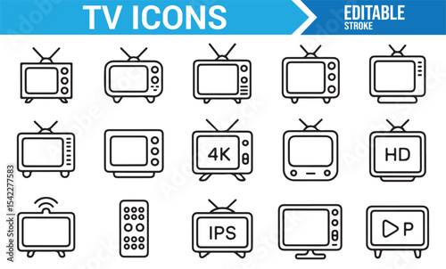 Minimalist TV Icons Set Featuring 4K, HD, and Remote Control Designs