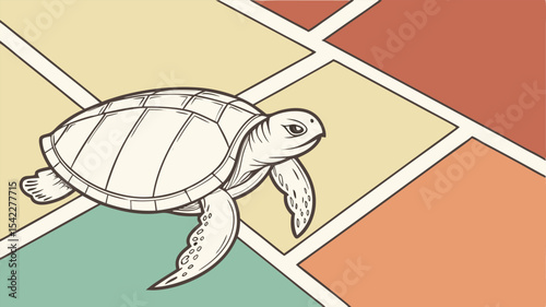 Illustration of a turtle with detailed shell and flippers on a geometric color block background design