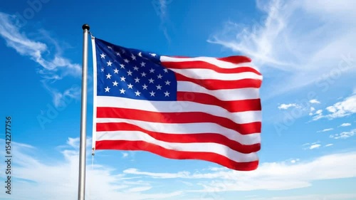 American flag waving in the wind against a bright blue sky with scattered clouds.