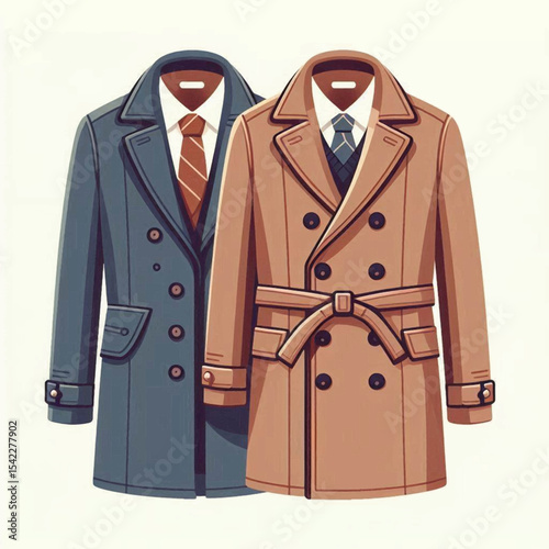 Two trench coats one blue and one tan with shirts and ties displayed beneath their collars