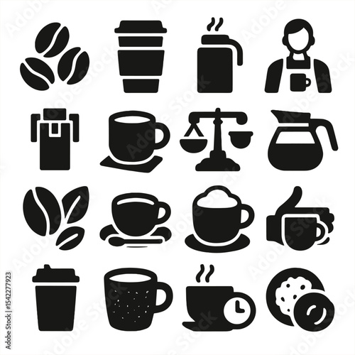 Solid Coffee Icons. Solid style icons of coffee silhouette: trio of coffee beans, paper cup with holder sleeve, steaming thermos