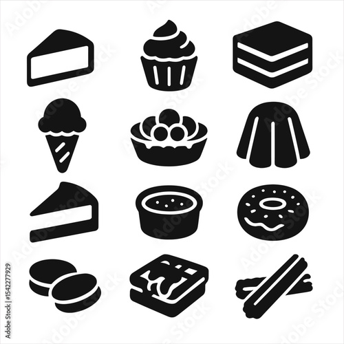 Solid Style Desserts. Solid style icons of desserts: slice of cheesecake, cupcake with frosting, layered tiramisu, chocolate