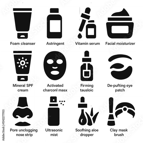 Facial Skincare Icons. Solid style icons of facial skincare routine: foam cleanser tube, astringent bottle icon, vitamin serum