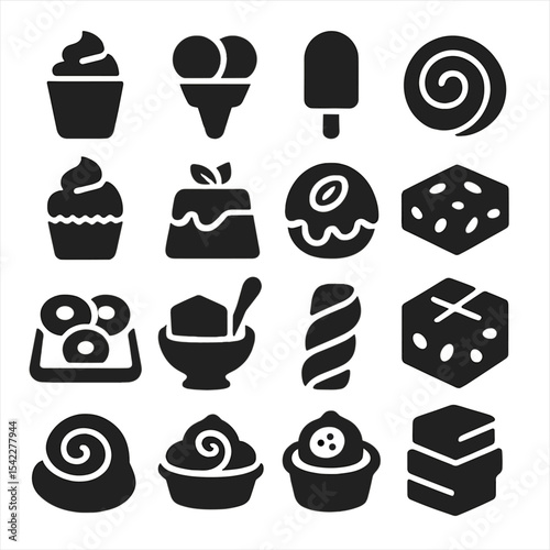 Dessert Icon Medley. Solid style icons of desserts: mini mousse cup, ice cream duo scoops, chocolate dipped ice cream, cinnamon