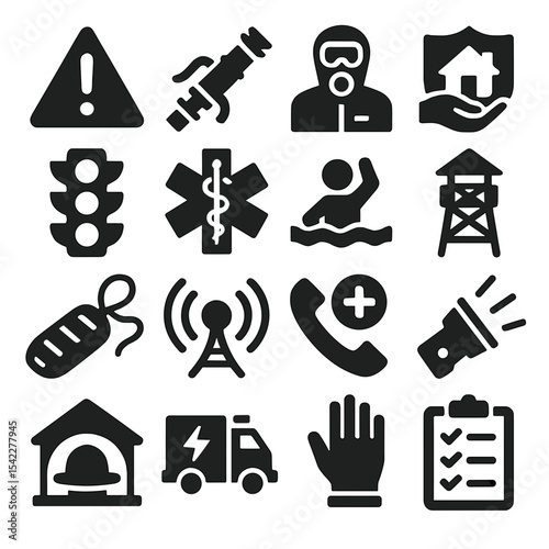 Emergency Icons Collection. Solid style icons of emergency services: emergency warning sign, fire hose nozzle icon, chemical spill