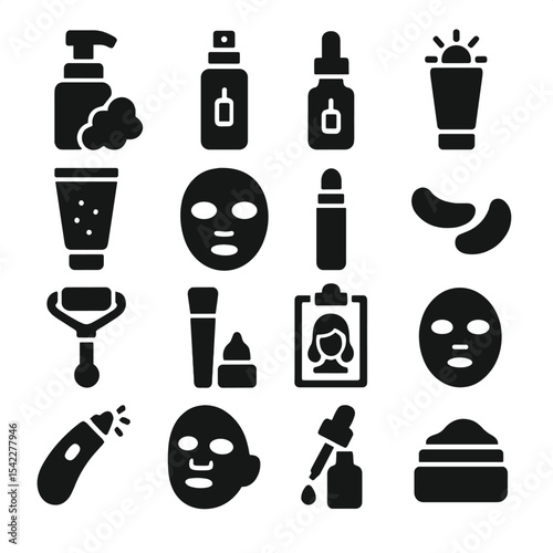 Facial Skincare Icons. Solid style icons of facial skincare routine: foam cleanser dispenser, hydrating mist sprayer, glow essence