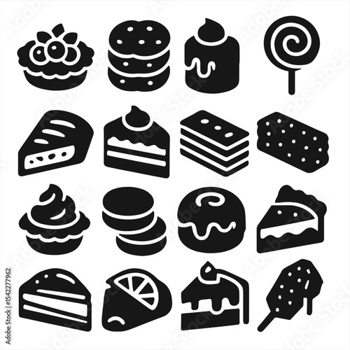 Delicious Dessert Icons. Solid style icons of desserts: blueberry tart, soft cookie stack, mini fondant cake, swirl lollipop,