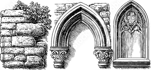 Detailed architectural elements of fortress walls and gothic arches for historical design