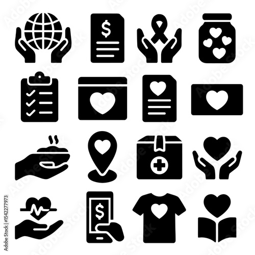 Charity Donation Icons. Solid style icons of charity and donation: giving hands around globe, donation form icon, helping hands