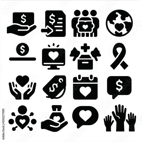 Charity Icons Collection. Solid style icons of charity and donation: hand holding donation slip, fast donation icon, group holding