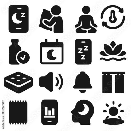 Sleep and Relaxation Icons. Solid style icons of sleep and relaxation: phone with sleep mode icon, pillow hug silhouette, person