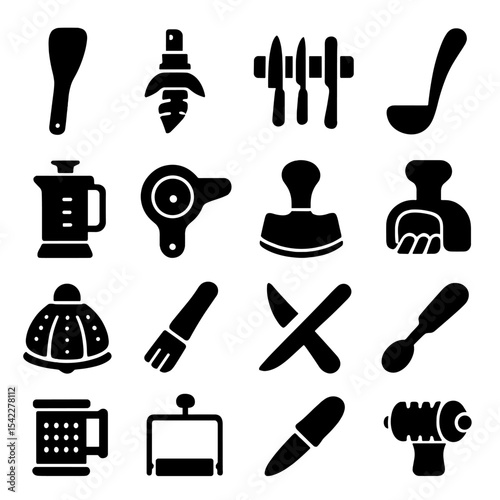 Kitchen Utensil Icons. Solid style icons of kitchen utensils: bamboo spatula, citrus sprayer, magnetic knife strip, gravy ladle,