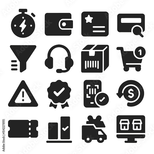 E-commerce Icons Collection. Solid style icons of shopping and e-commerce: flash sale timer, e-wallet icon, loyalty program card,