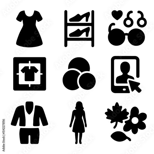 Fashion E-commerce Icons. Solid style icons of fashion e-commerce: dress icon, shoe rack, accessories set, size chart, color