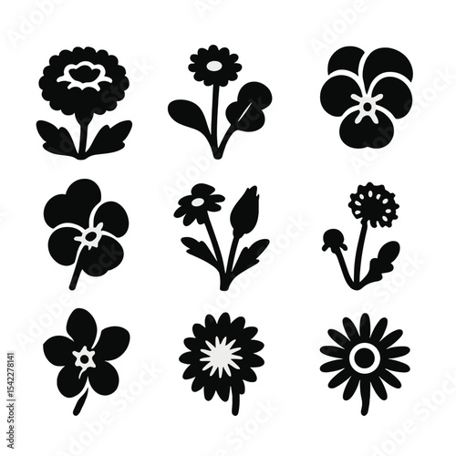 Edible Flower Icons. Solid style icons of edible flowers and decoratives: marigold bloom, calendula plant, nasturtium, pansy bloom
