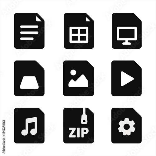 Solid File Icons. Solid style icons of file types: text document, spreadsheet file, presentation slide, PDF icon, image file,