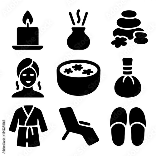 Spa Relaxation Icons. Solid style icons of spa and relaxation: spa candle, aroma diffuser, hot stones, facial steam, flower bath,