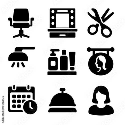 Beauty Salon Essentials. Solid style icons of beauty salon: makeup chair, vanity mirror, stylist tools, salon lighting, cosmetic