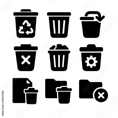 Trash and Recovery Icons. Solid style icons of trash and recovery: recycle bin, empty bin, restore from trash, permanently delete,