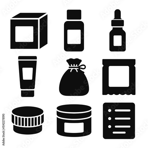 Beauty Packaging Icons. Solid style icons of beauty brand packaging: custom box, product label, dropper bottle, cardboard tube,