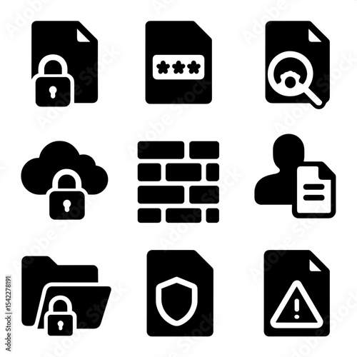 File Security Icons. Solid style icons of file security: file lock, encrypted file, virus scan, secure backup, firewall icon, user