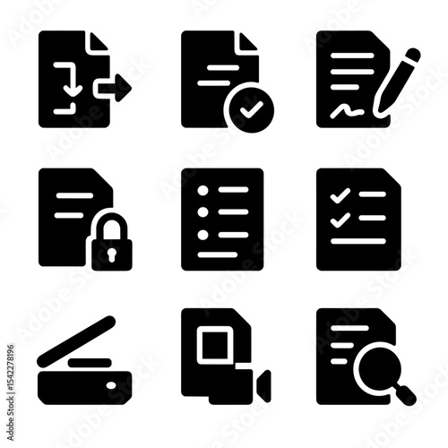 Document Management Icons. Solid style icons of document management system: file workflow, document approval, digital signature,